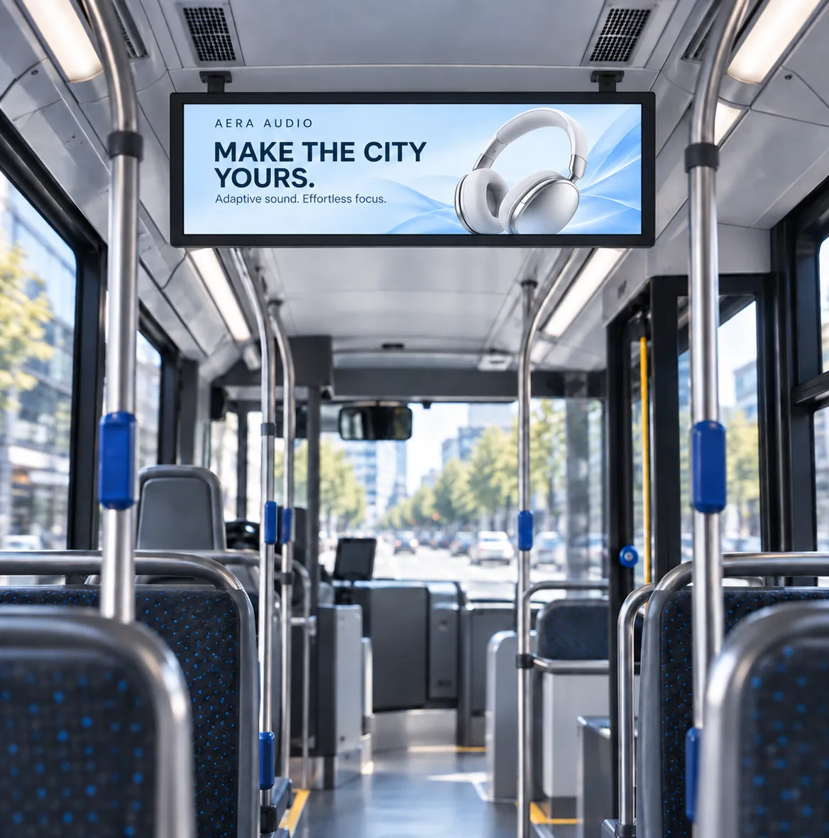 Pantalla sobre el pasillo de un autobús urbano con un anuncio de auriculares
