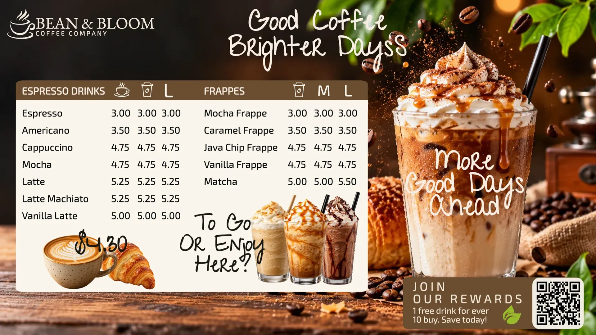 Cafetería de cafés y frappés: plantilla de señalización digital para Gastronomía