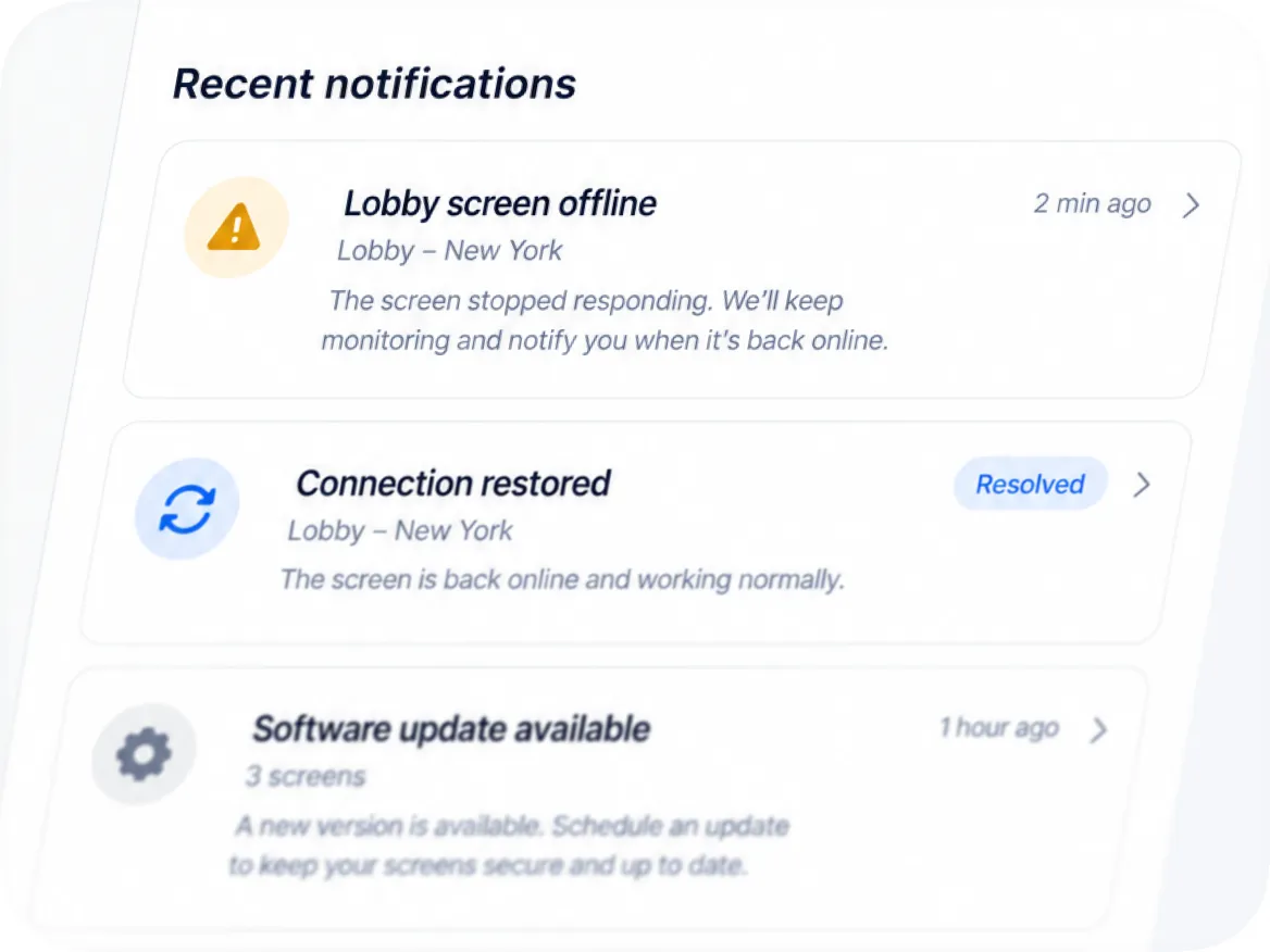 Notificaciones recientes sobre una pantalla que se desconectó, volvió a conectarse y tiene una actualización