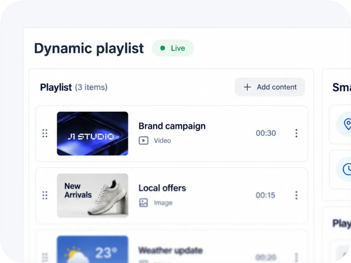 Lista de reproducción en directo con un vídeo de campaña de marca, ofertas locales y el parte del tiempo