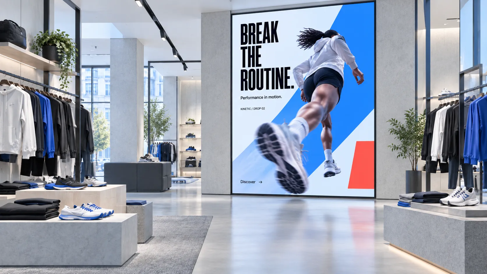 Tienda de ropa con una gran pantalla promocional