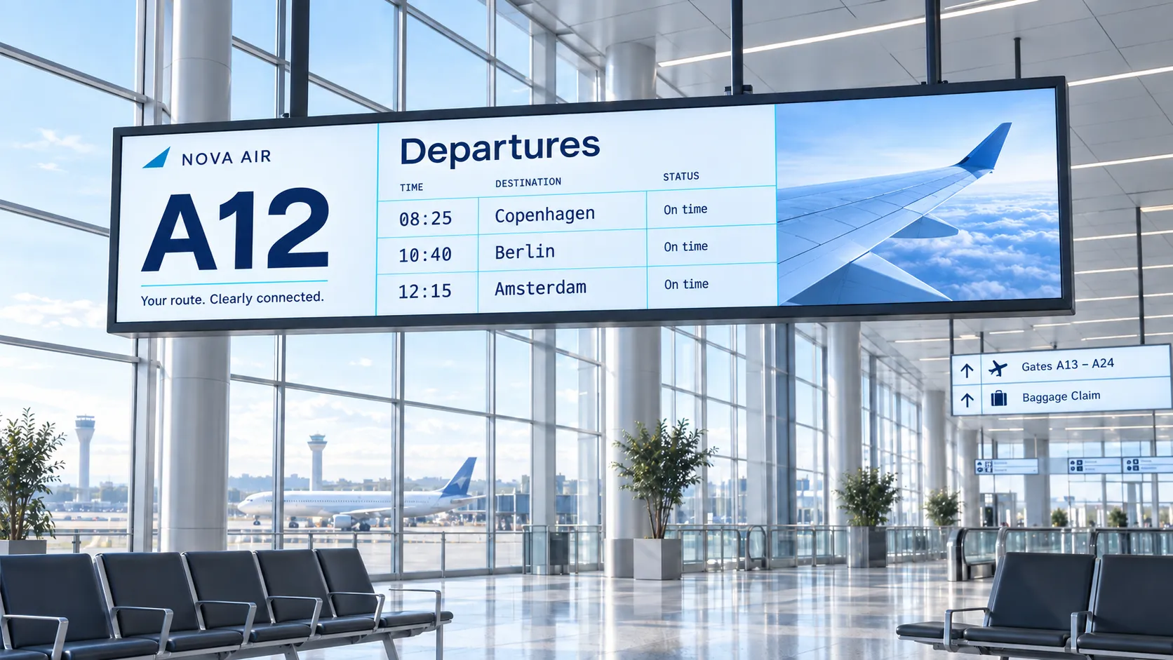 Panel de salidas de un aeropuerto en una pantalla grande