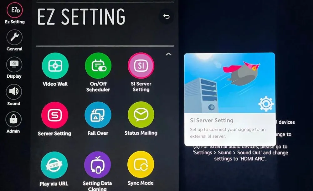 Menú SI Server Setting en una TV LG webOS Signage