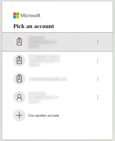 Selector de cuentas de Microsoft para elegir una cuenta de trabajo