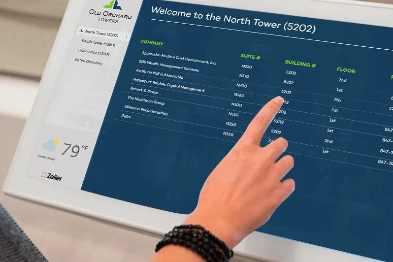 Mano tocando la pantalla de un directorio interactivo de un edificio