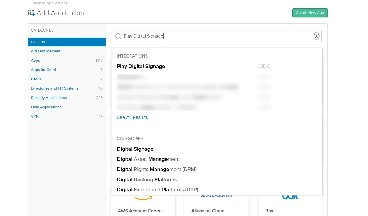Búsqueda de Play Digital Signage en la red de integraciones de Okta