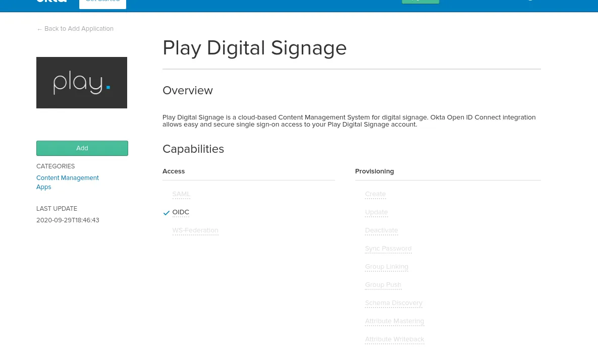 Añadir Play Digital Signage a una organización de Okta