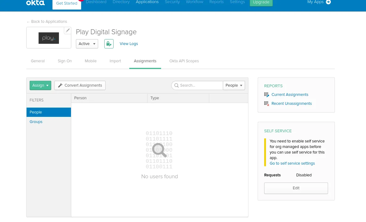 Asignación de usuarios y grupos a la app Play Digital Signage en Okta
