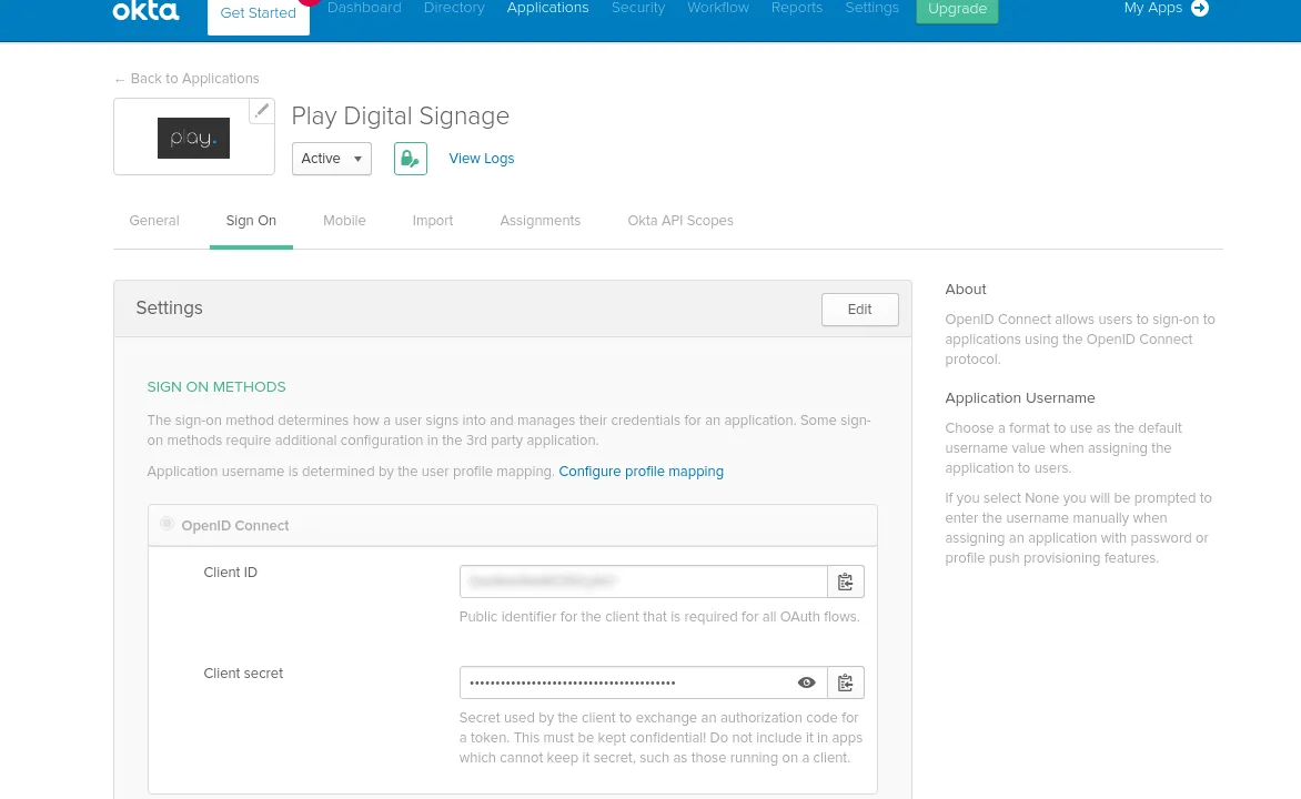 Ajustes Sign On de Okta con el client ID y el client secret