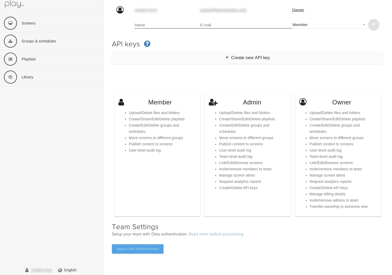Página del equipo de Play Digital Signage con el botón Configurar la autentificación de Okta