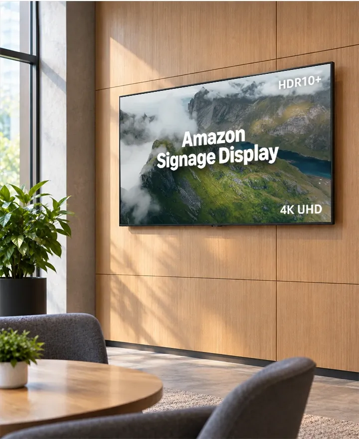 Amazon Signage Display con un paisaje de montaña en una sala de descanso de oficina