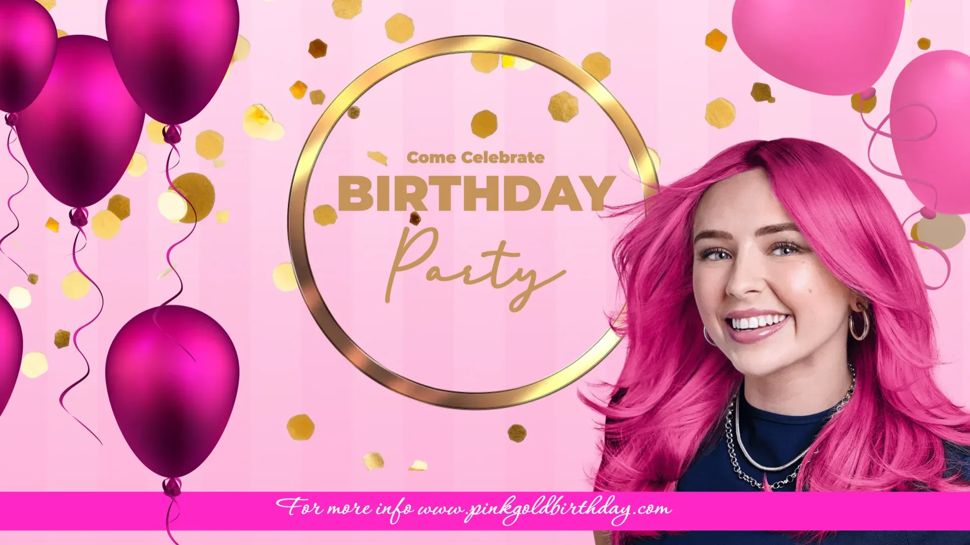 Cumpleaños rosa y dorado: plantilla de señalización digital para Ocio