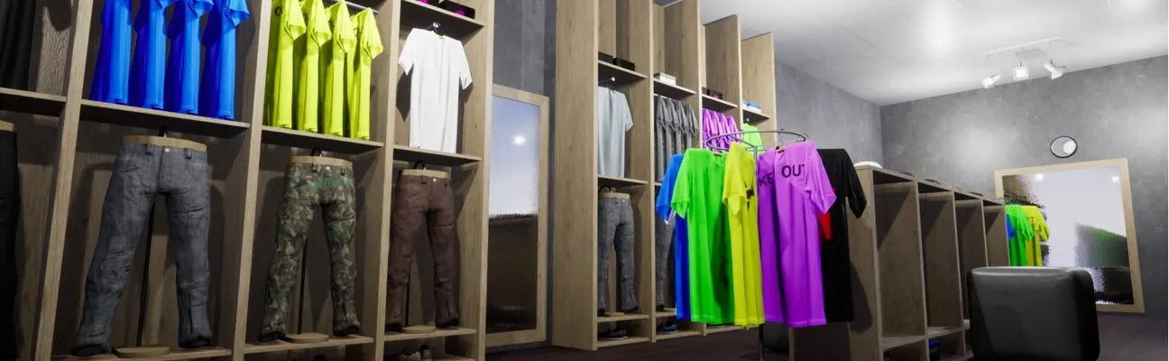 Tienda de ropa con camisetas de colores expuestas