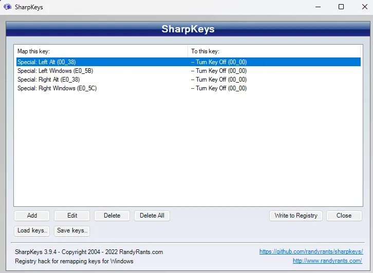 SharpKeys con las teclas Alt y Windows desactivadas