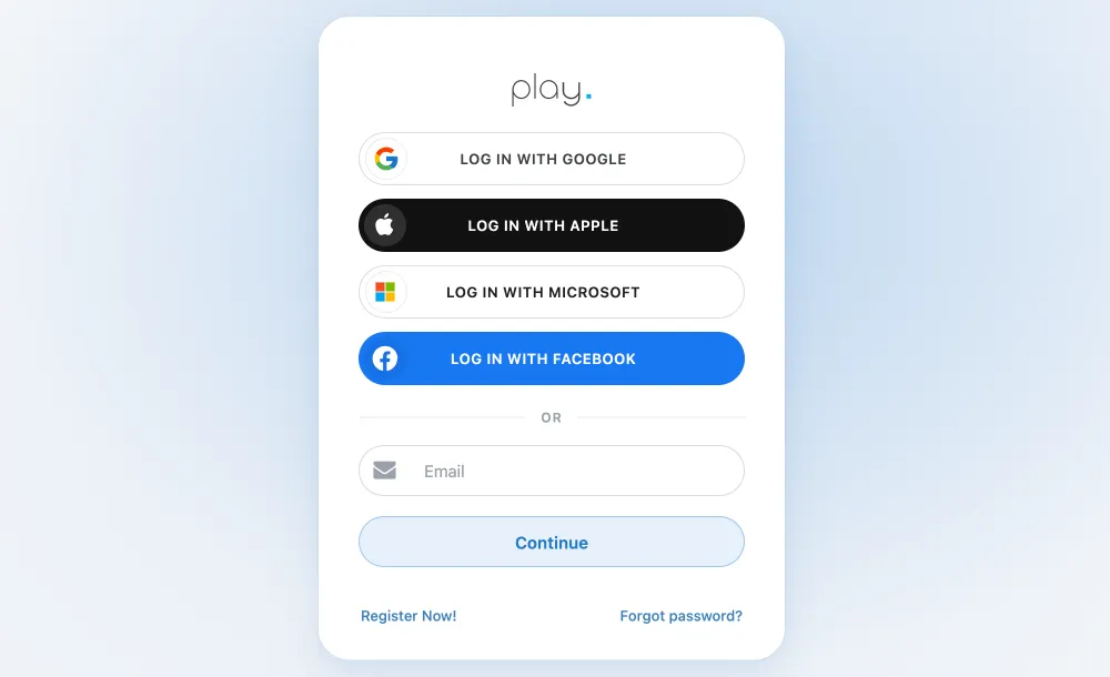 Página de inicio de sesión de Play con las opciones Google, Apple, Microsoft, Facebook y correo electrónico